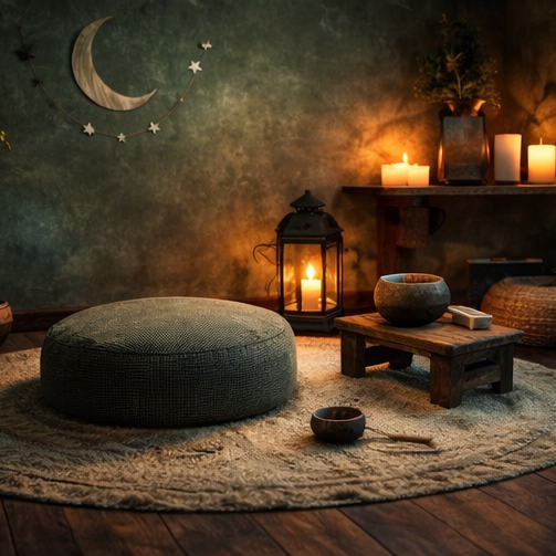 Kuvassa on kuvailtuna studion hiljaisuusnurkkaus. Seinä on vihreän värinen ja siinä on sirppimuotoisen kuun taulu ja muutama tähti ympärillä. Nurkassa näkyy kynttilälyhtyjä. Puulattialla on vaalea karvamatto ja päällä pehmeä ja pyäreä vihreä tuoli. Samoin puujakkara jolla on kannu.