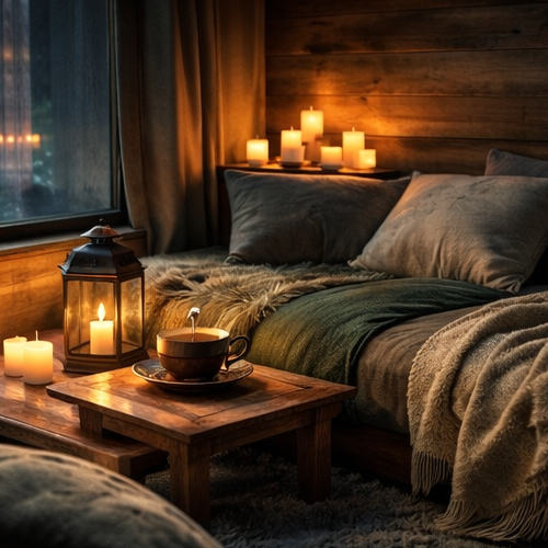 Kuvassa on studion leponurkkaus. Taka-alalla näkyy sohva, jossa on kaksi tyynyä ja viltti. Takana olevalla pöydällä on muutama palava kynttilä. Valaistus on hieman hämärä ja tila on valaistu juuri kynttilävaloilla. Keskellä on puinen pöytä, jonka päällä on kynttilälyhty ja iso kahvi / teekuppi. 