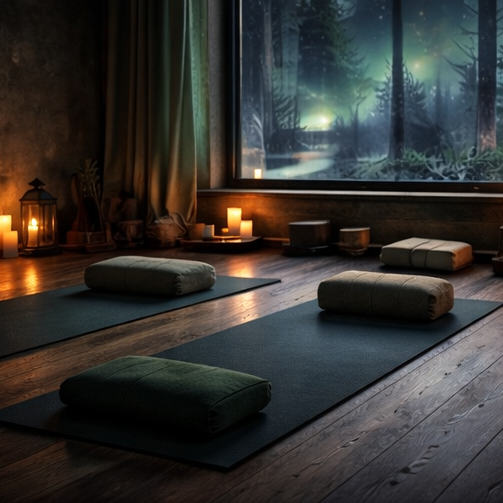 Joogastudion sali ja revontulinäkymä ikkunasta. Kuvassa näkyy puisella lattialla vihreitä joogamattoja ja tyynyjä. Nurkassa on kynttilälyhtyjä. Vihreät pitkät verhot. Rauhallinen vähän hämärä tunnelma.