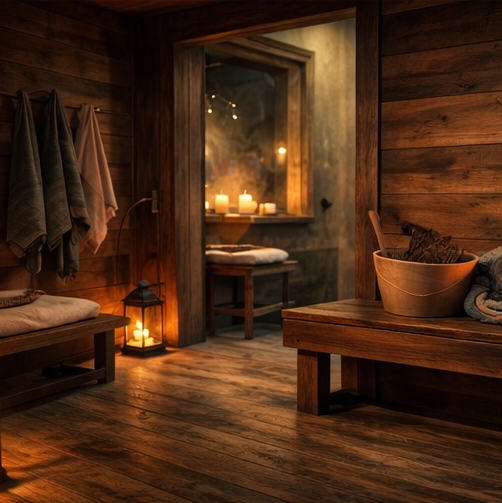 Kuvassa näkyy joogastudion saunatilojen pukuhuone ja saunan sisäänpääsy keskellä. Tila on puinen. Tilassa on kaksi penkkiä, yksi oikealla ja vasemmalla. Oikealla olevassa on löylyämpäri ja vasemmalla penkin yläpuolella naulakosta roikkuu kolme pyyhettä. Vasemmalla nurkassa on myös kynttilälyhty, joka valaisee hämärää huonetta. Saunatilan sisäänpääsyllä on myös ikkuna, jonka laudoilla on kynttilöitä.